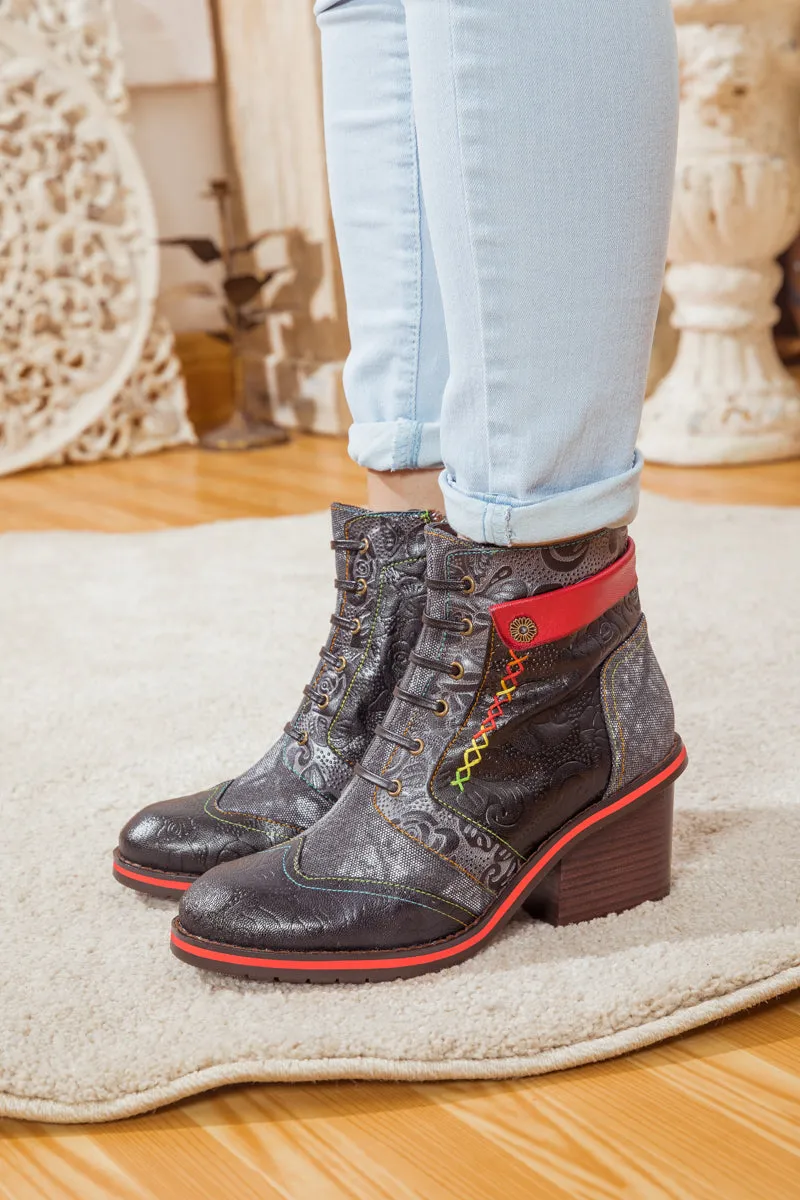 Floral Embossed Leather Combat Boot