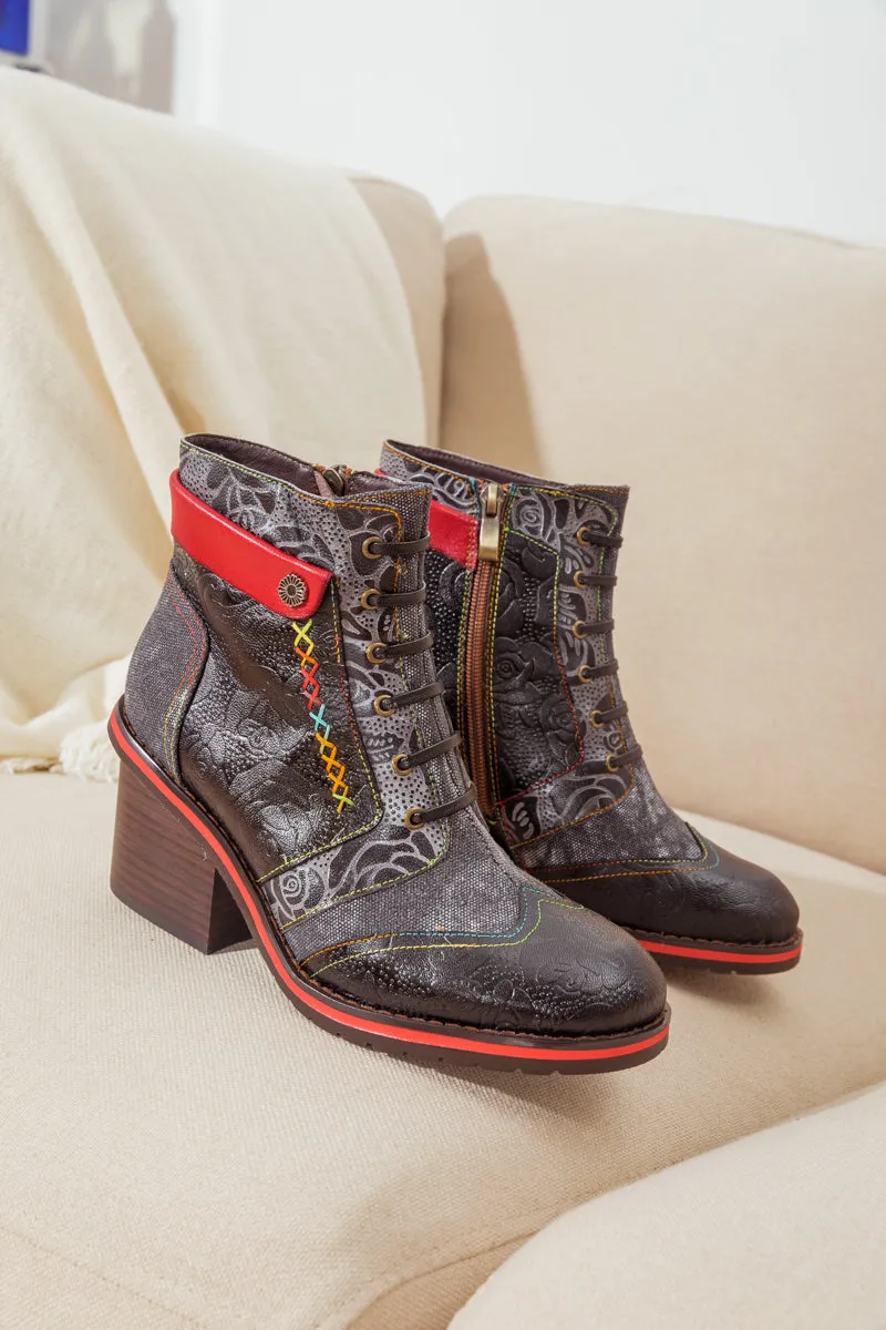 Floral Embossed Leather Combat Boot