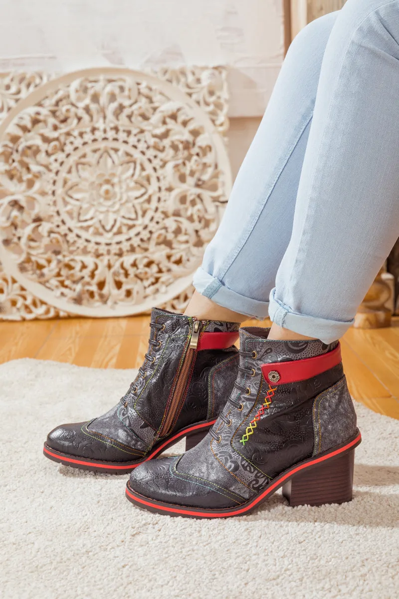 Floral Embossed Leather Combat Boot