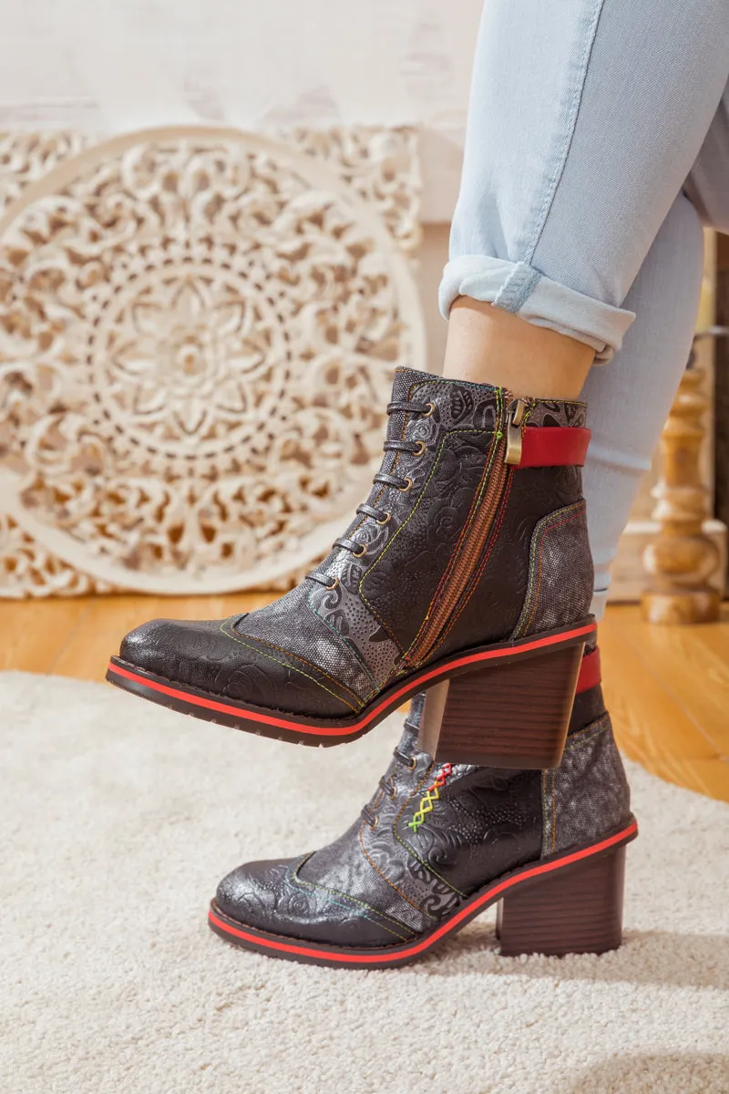 Floral Embossed Leather Combat Boot