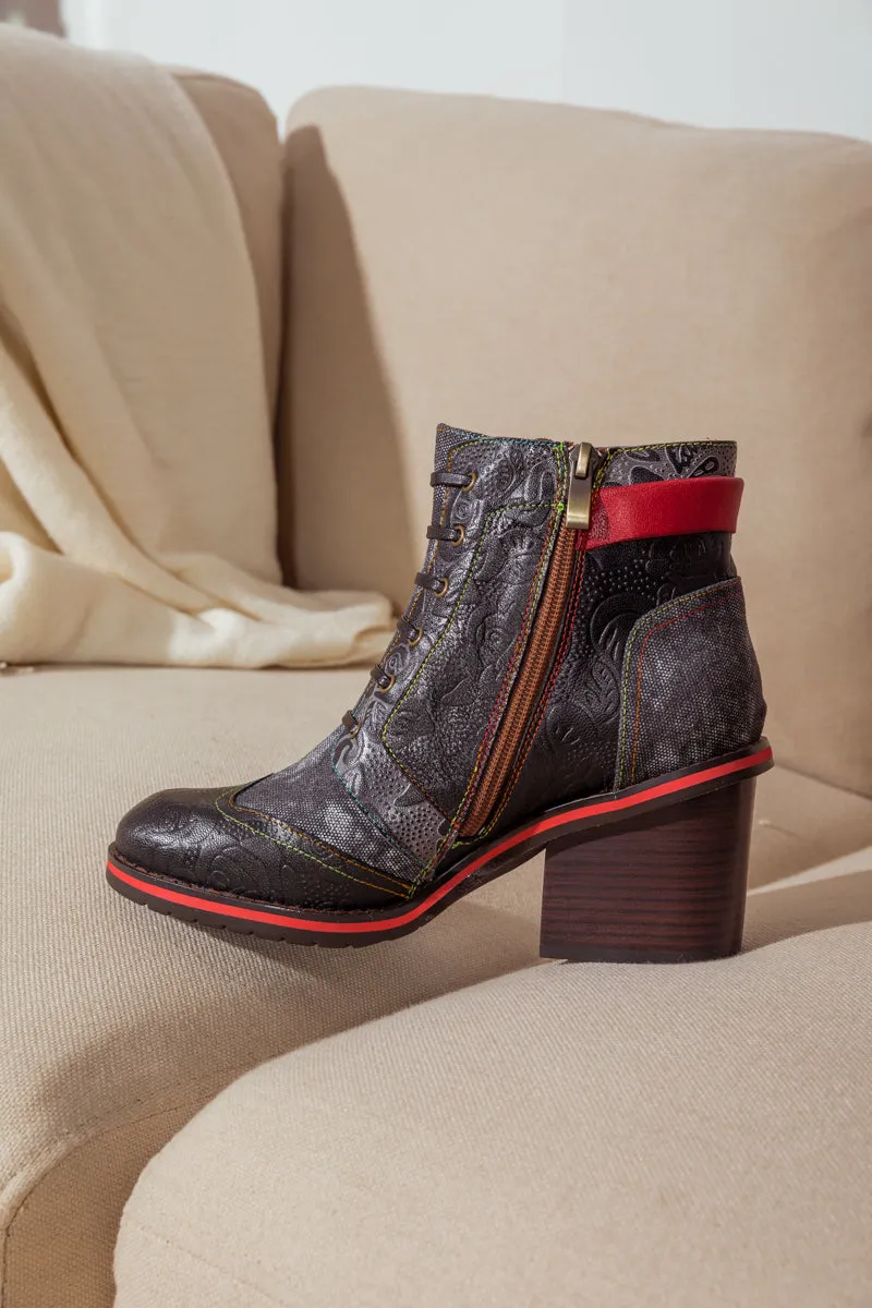 Floral Embossed Leather Combat Boot