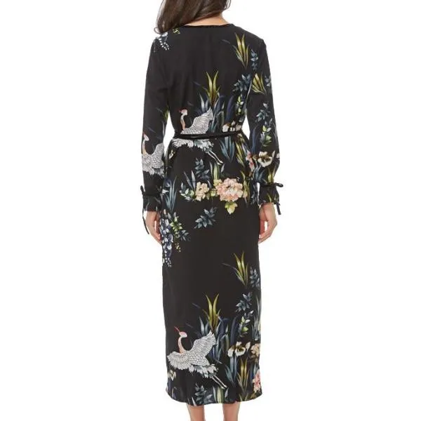 Flower Crane Print Maxi Wrap Dresses