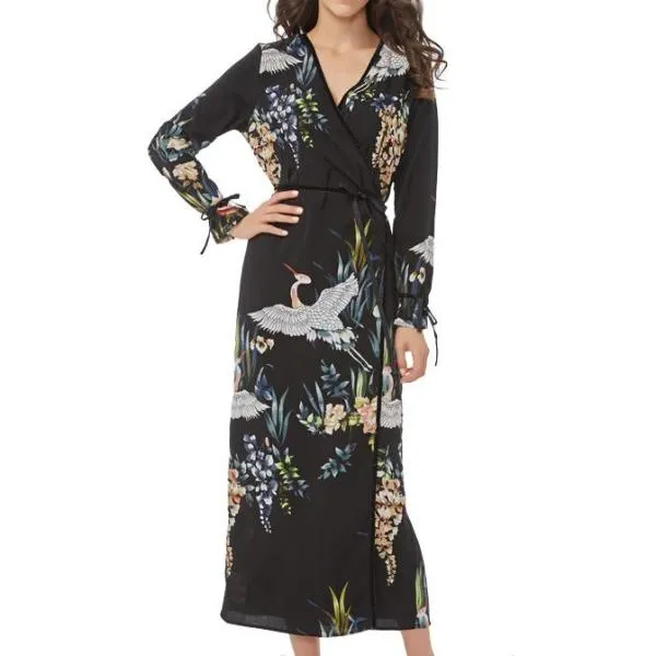 Flower Crane Print Maxi Wrap Dresses