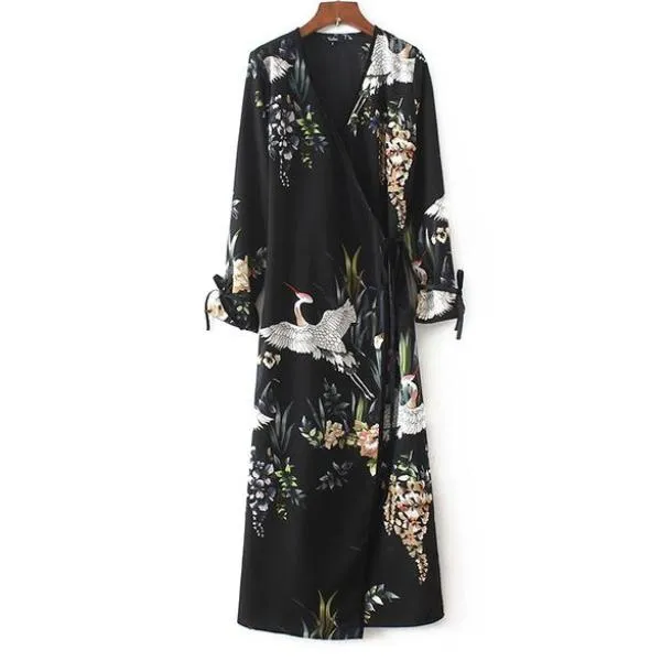 Flower Crane Print Maxi Wrap Dresses