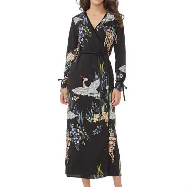 Flower Crane Print Maxi Wrap Dresses
