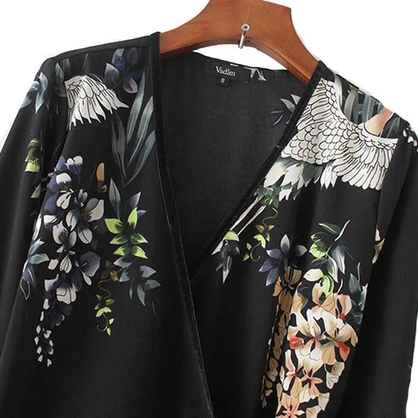 Flower Crane Print Maxi Wrap Dresses