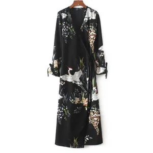 Flower Crane Print Maxi Wrap Dresses