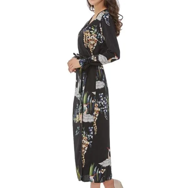 Flower Crane Print Maxi Wrap Dresses
