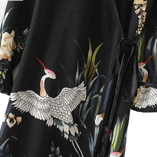Flower Crane Print Maxi Wrap Dresses