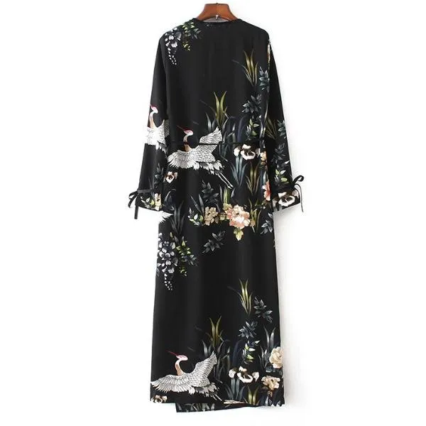 Flower Crane Print Maxi Wrap Dresses
