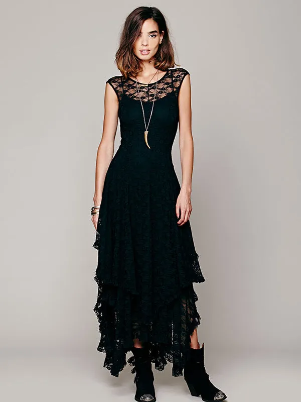 French Romantic Irregular Hem Lace Maxi Dress