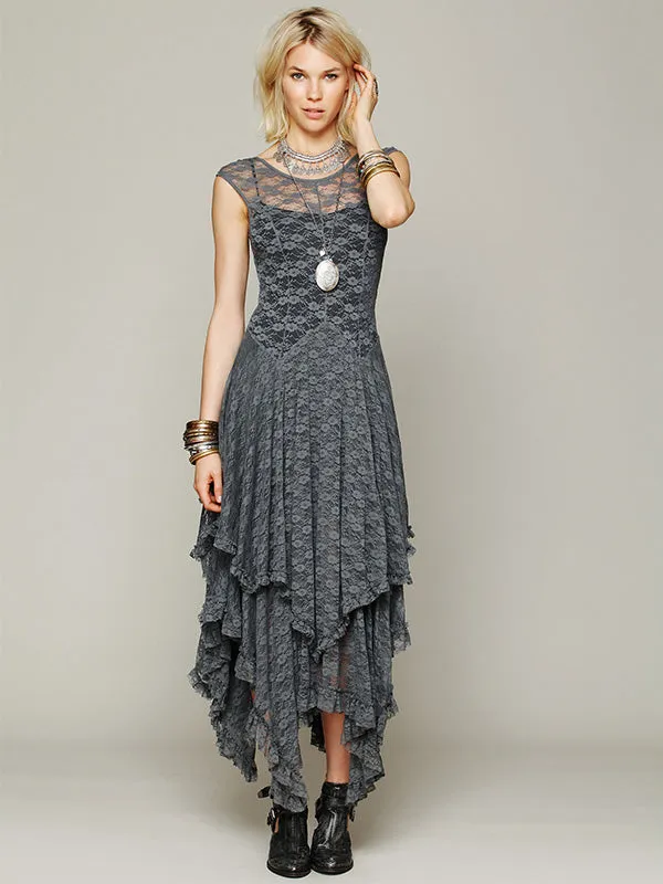 French Romantic Irregular Hem Lace Maxi Dress