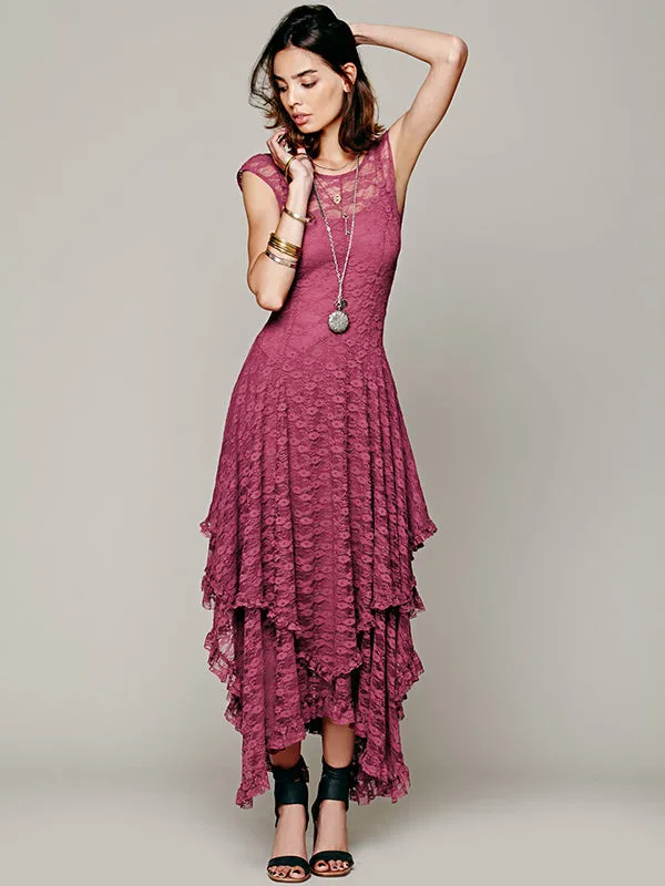 French Romantic Irregular Hem Lace Maxi Dress