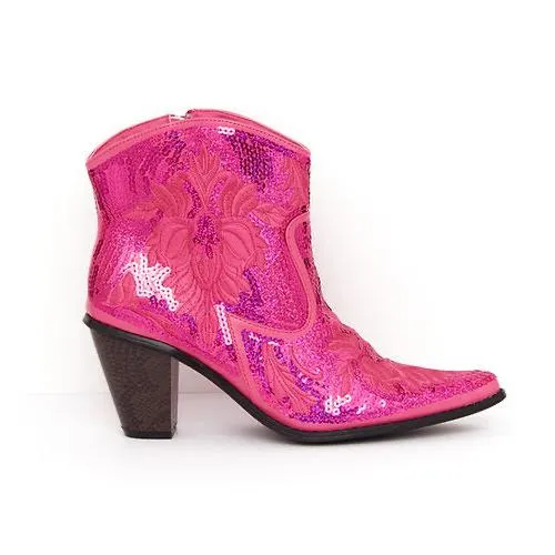 FUCHSIA Short Sequin & Embroidered Boots w/ Zipper
