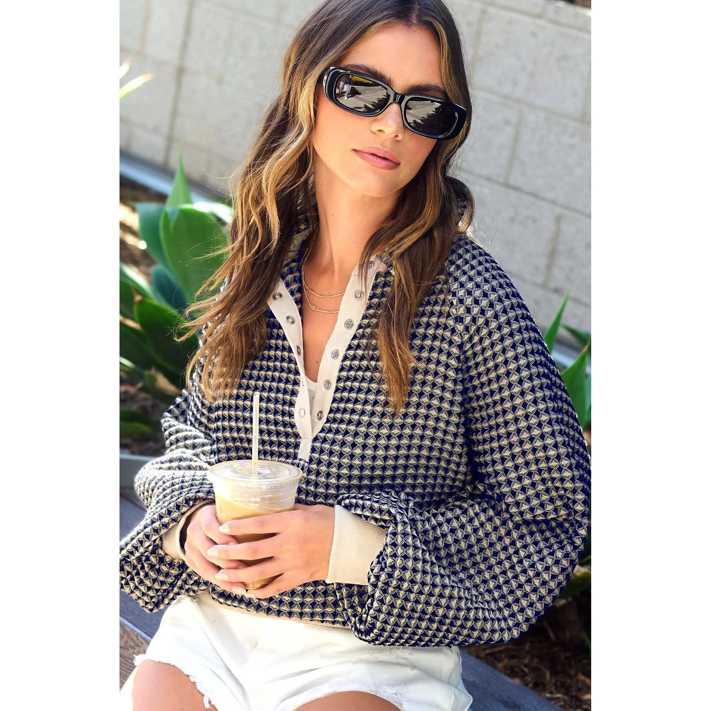 GALAXY OVERSIZED TWO TONE TEXTURED LONG SLEEVE TOP