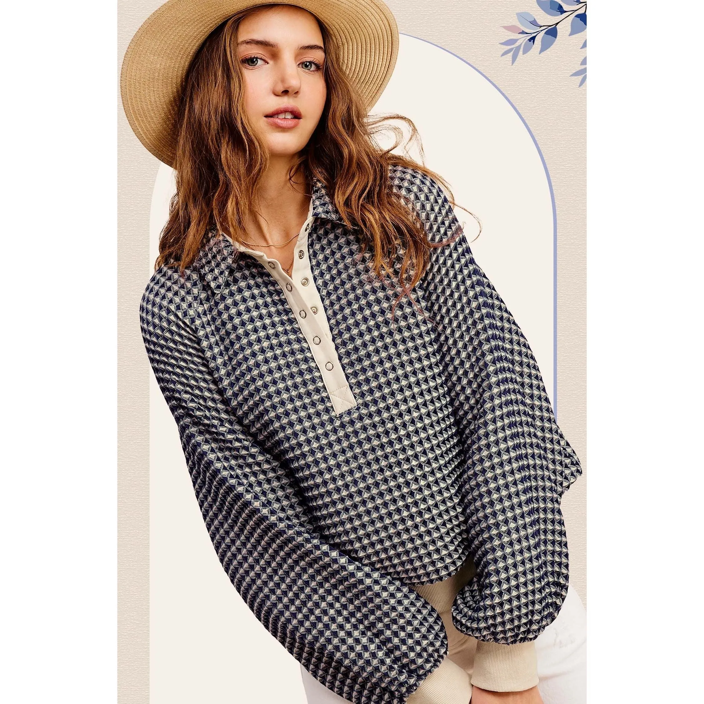 GALAXY OVERSIZED TWO TONE TEXTURED LONG SLEEVE TOP