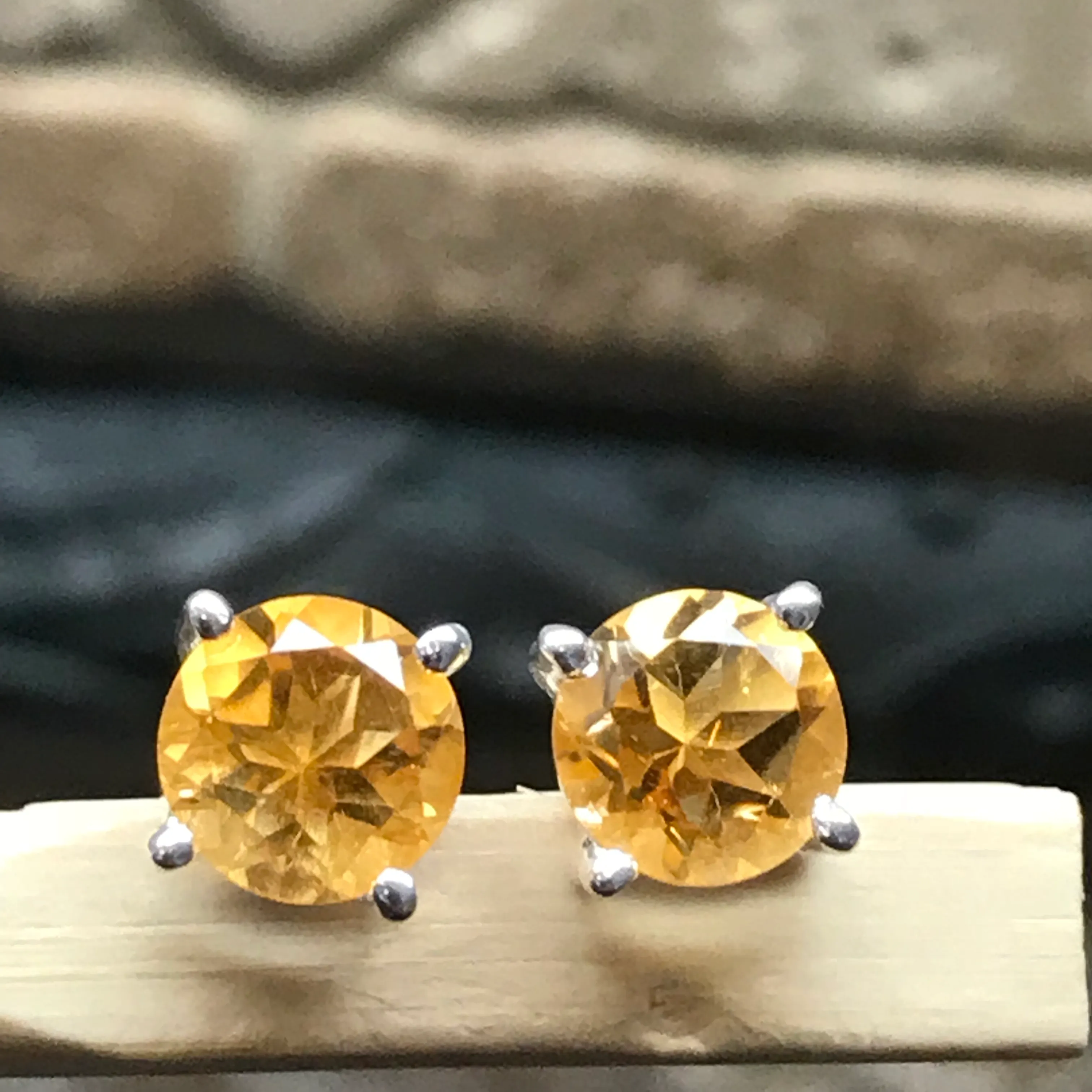 Genuine 1.5ct Golden Citrine 925 Solid Sterling Silver Stud Earrings 7mm