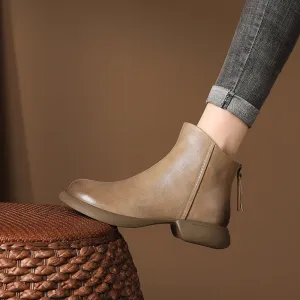 Genuine Leather Retro Western Style Short Boots Women's Autumn Back Zipper