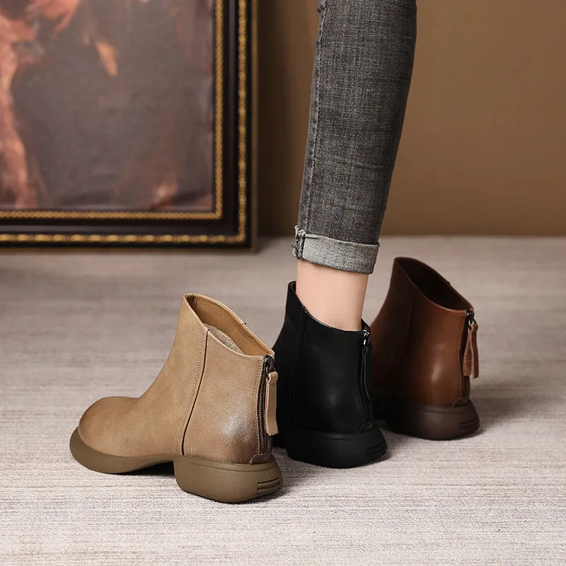 Genuine Leather Retro Western Style Short Boots Women's Autumn Back Zipper