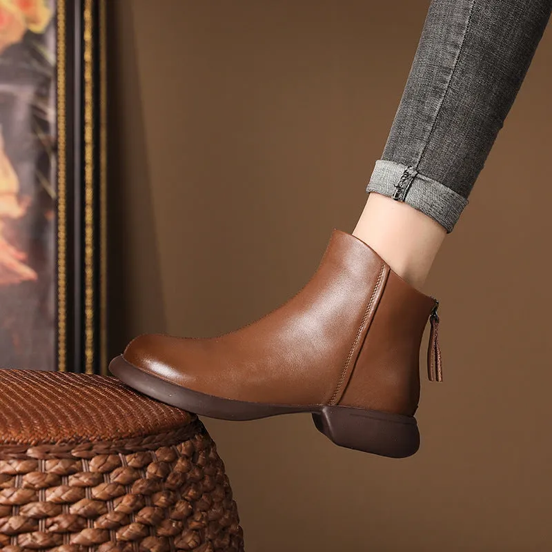 Genuine Leather Retro Western Style Short Boots Women's Autumn Back Zipper