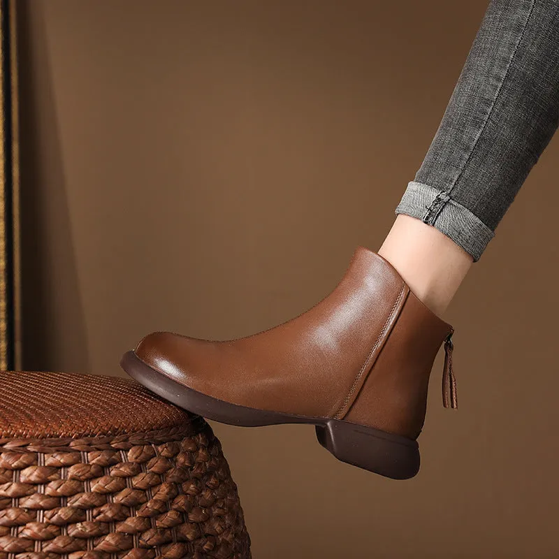 Genuine Leather Retro Western Style Short Boots Women's Autumn Back Zipper