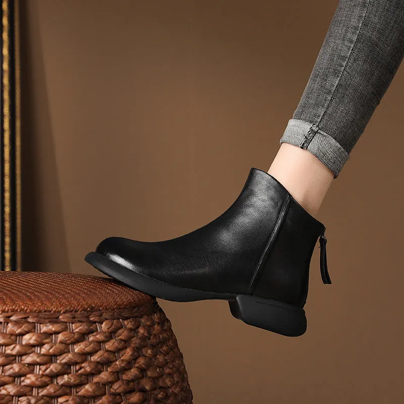 Genuine Leather Retro Western Style Short Boots Women's Autumn Back Zipper