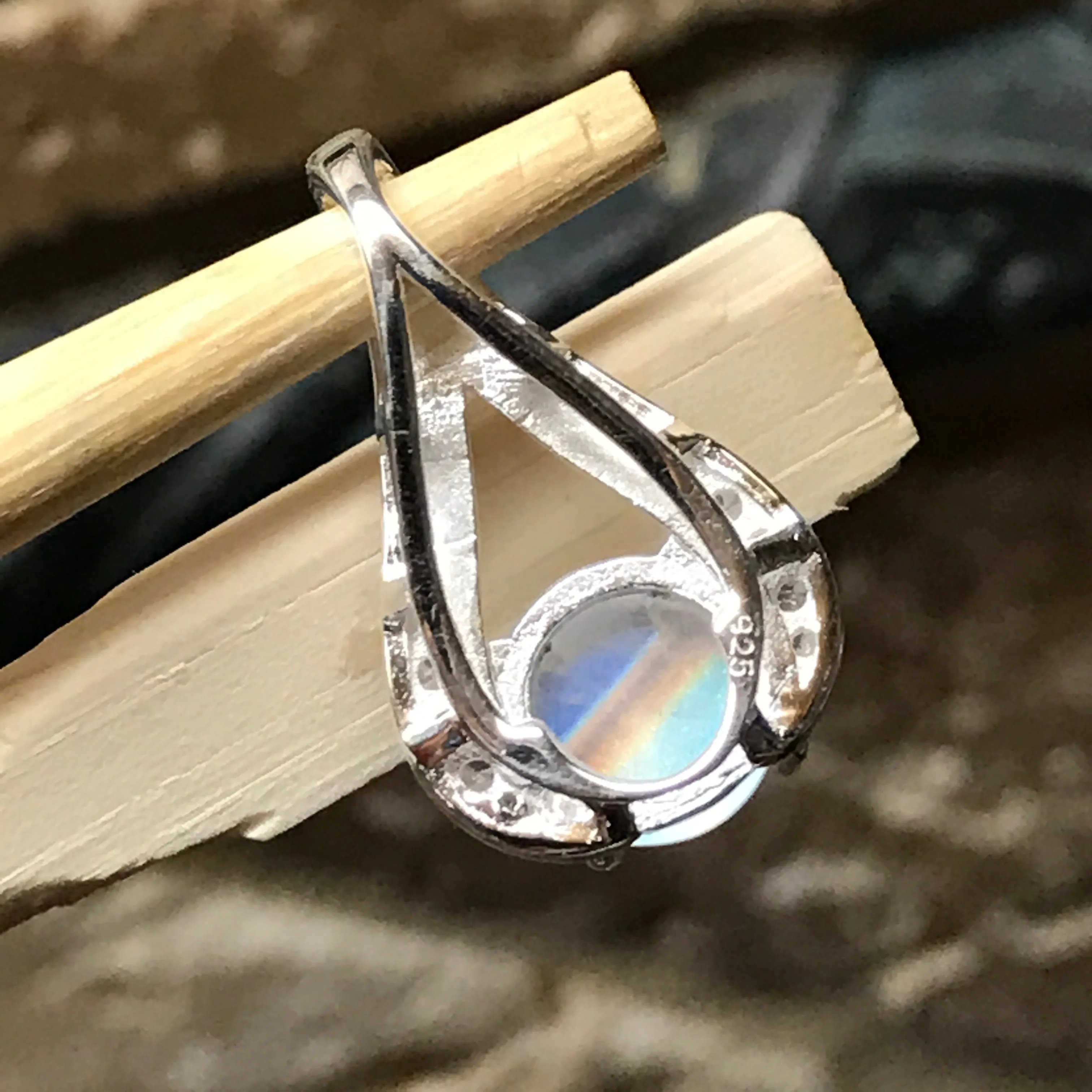 Genuine Rainbow Moonstone 925 Solid Sterling Silver Designer Pendant 20mm
