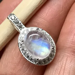 Genuine Rainbow Moonstone 925 Solid Sterling Silver Pendant 20mm