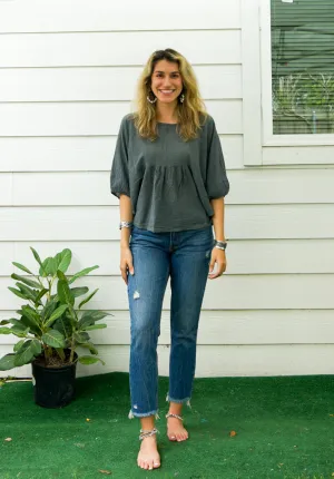 Gray Raw Natural Crinkled Cotton Gauze Blouse