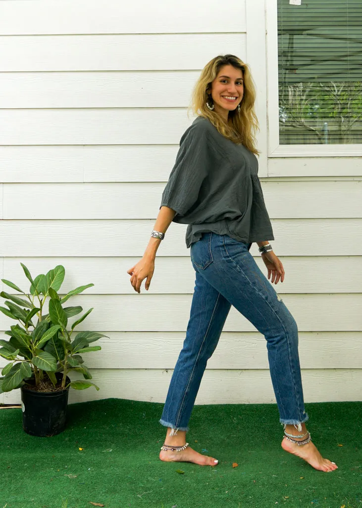 Gray Raw Natural Crinkled Cotton Gauze Blouse