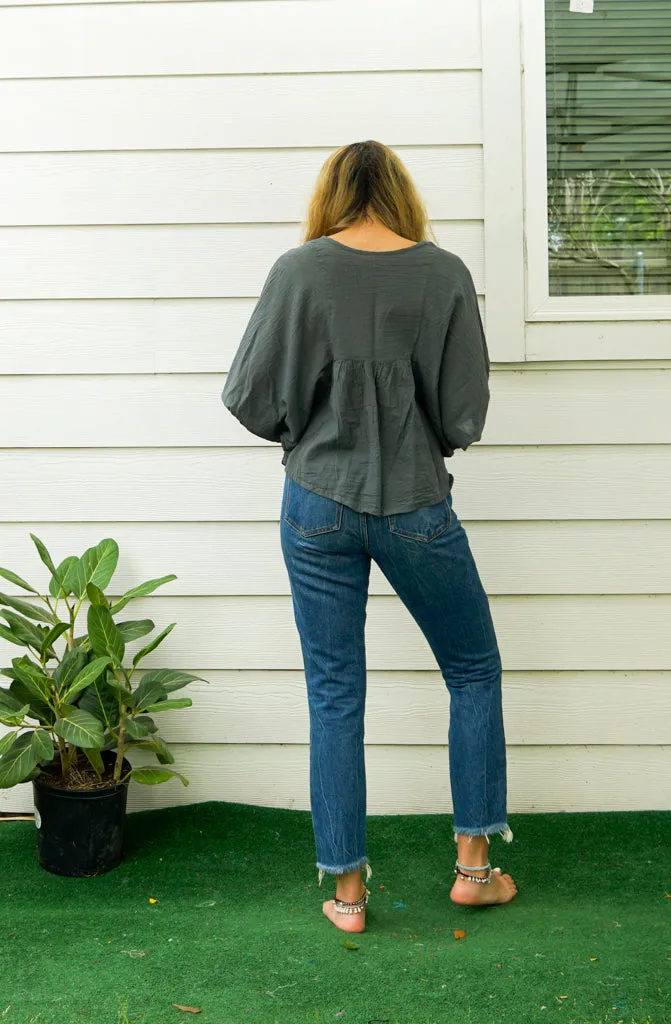 Gray Raw Natural Crinkled Cotton Gauze Blouse