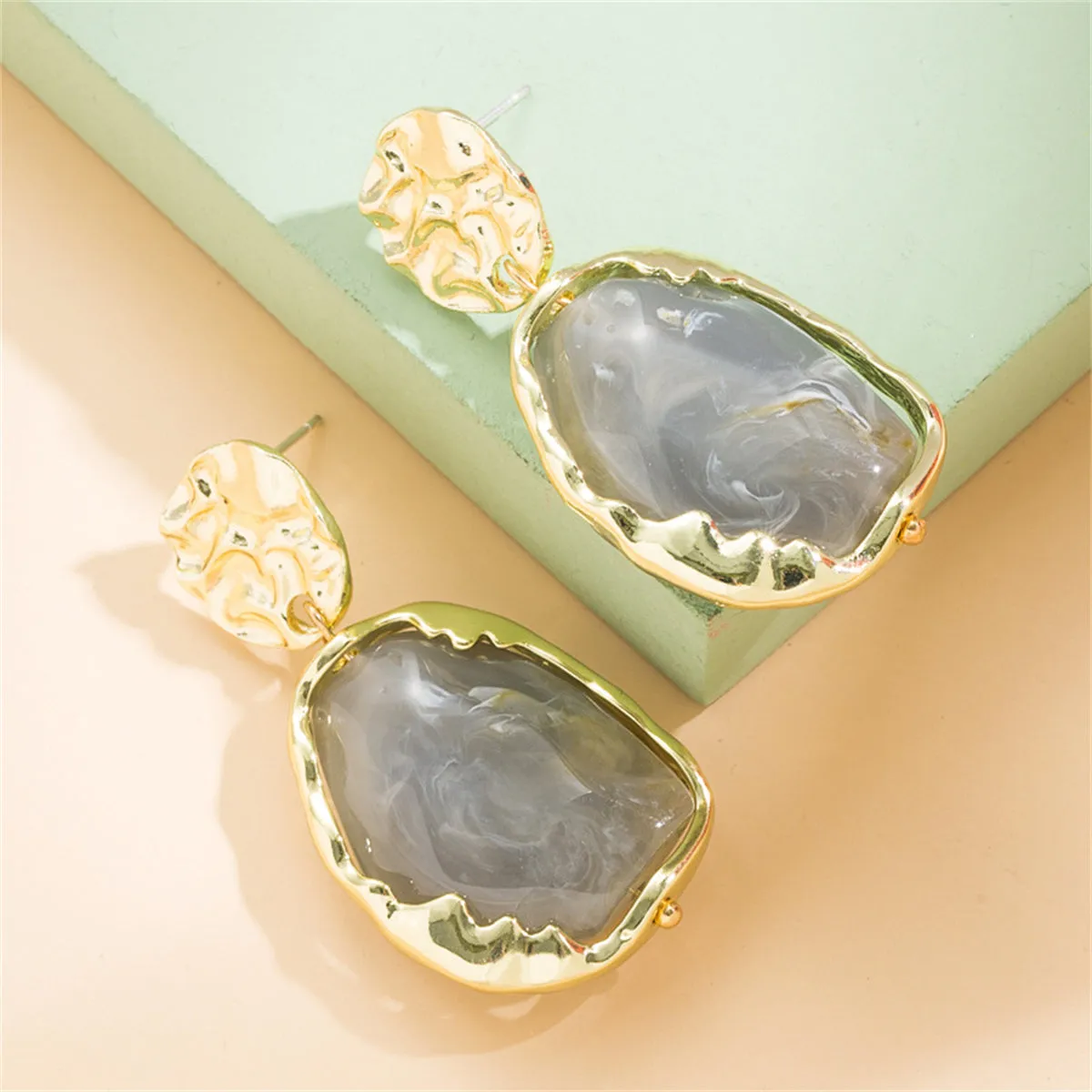 Gray Resin & 18K Gold-Plated Textured Geometric Drop Earrings