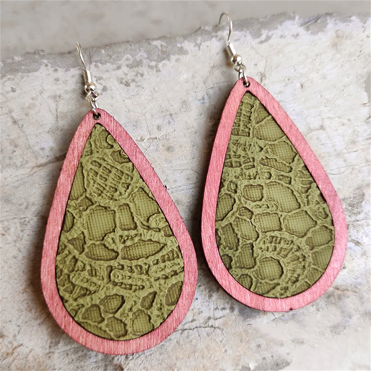 Green & Pink Lace-Textured Teardrop Earrings