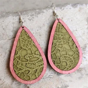Green & Pink Lace-Textured Teardrop Earrings