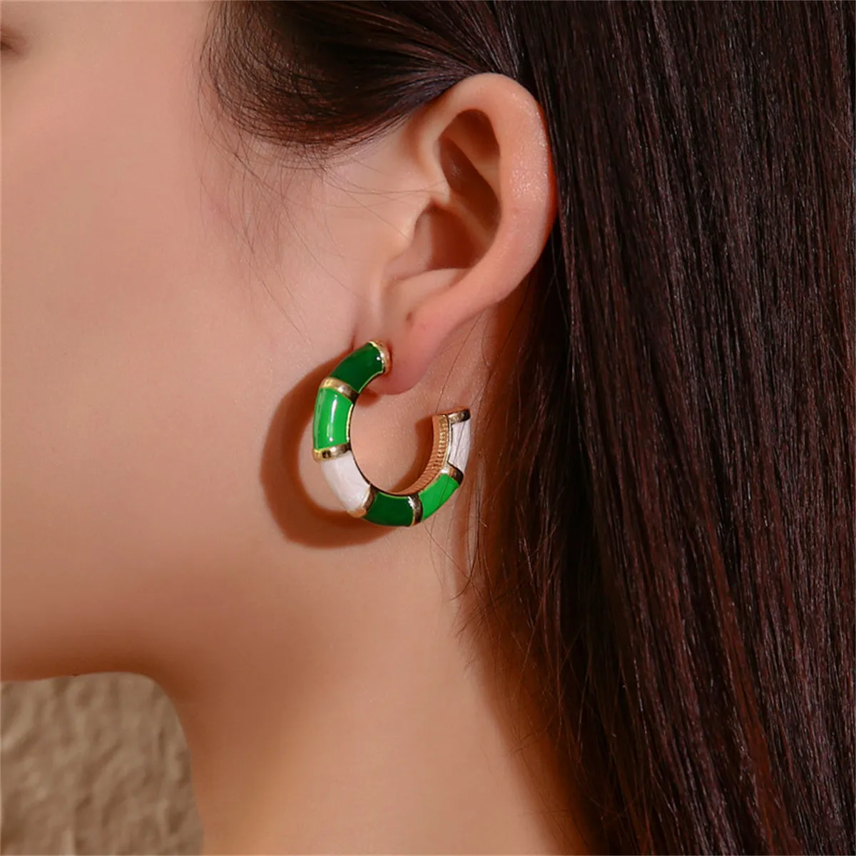 Green Enamel & 18K Gold-Plated Bamboo Huggie Hoop Earrings