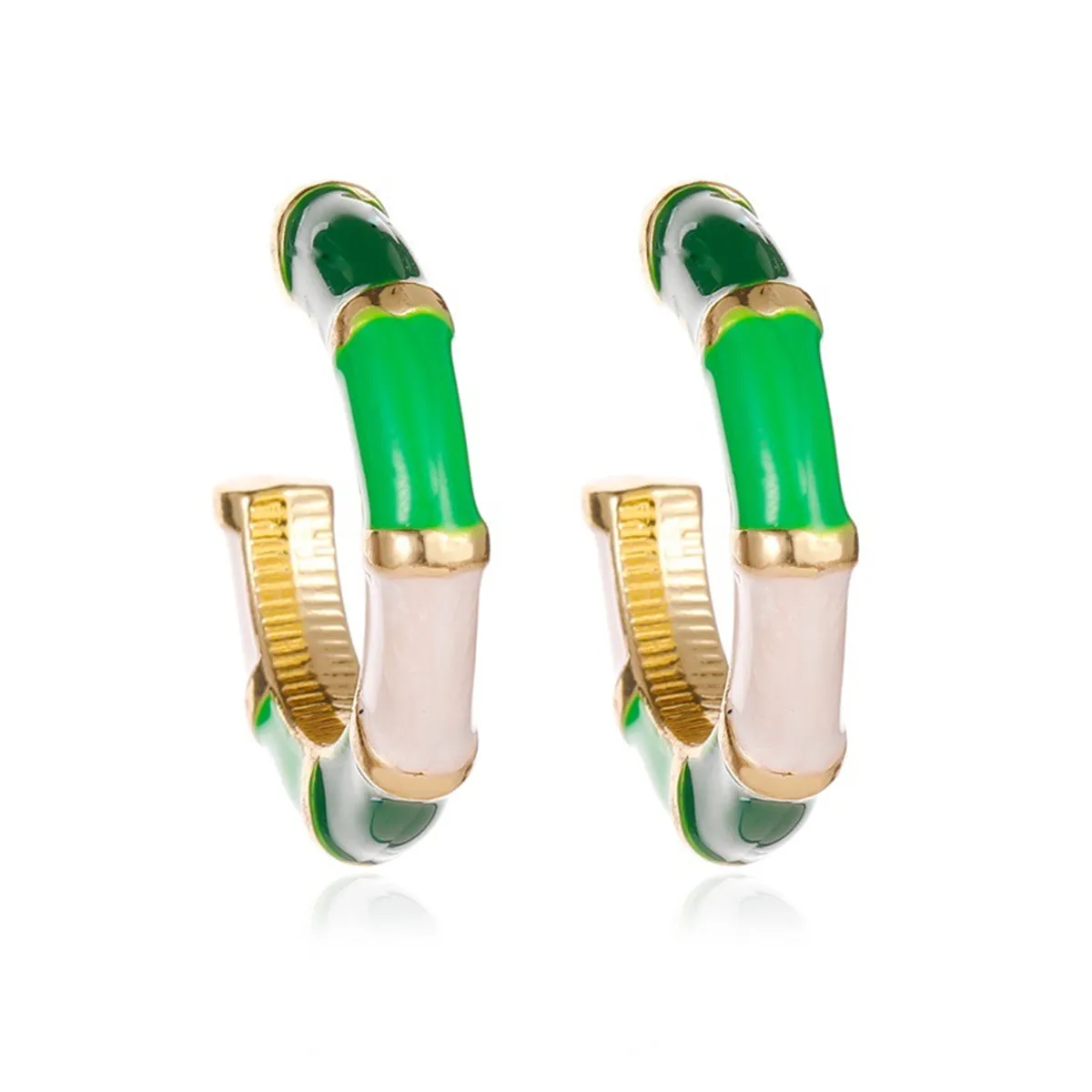 Green Enamel & 18K Gold-Plated Bamboo Huggie Hoop Earrings