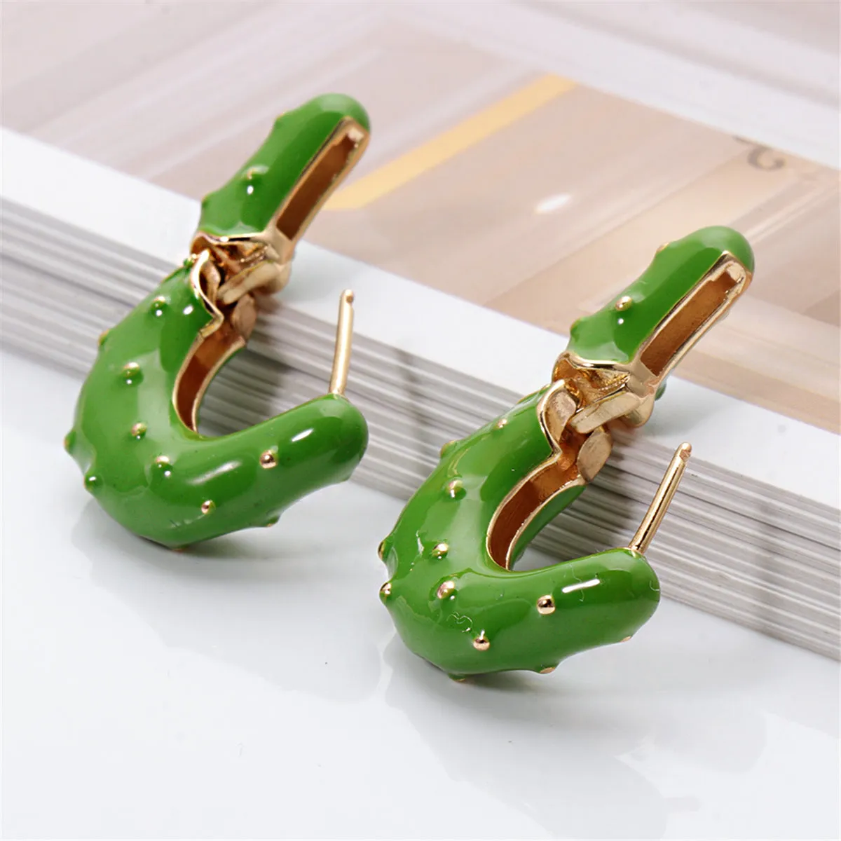 Green Enamel & 18K Gold-Plated Huggie Earrings