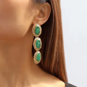Green Enamel & 18K Gold-Plated Textured Oval Trio Drop Earrings
