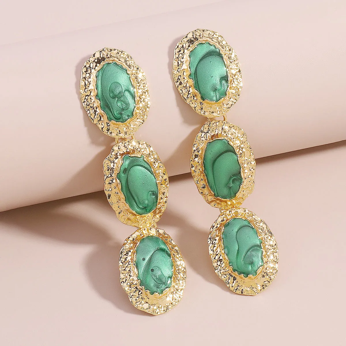 Green Enamel & 18K Gold-Plated Textured Oval Trio Drop Earrings