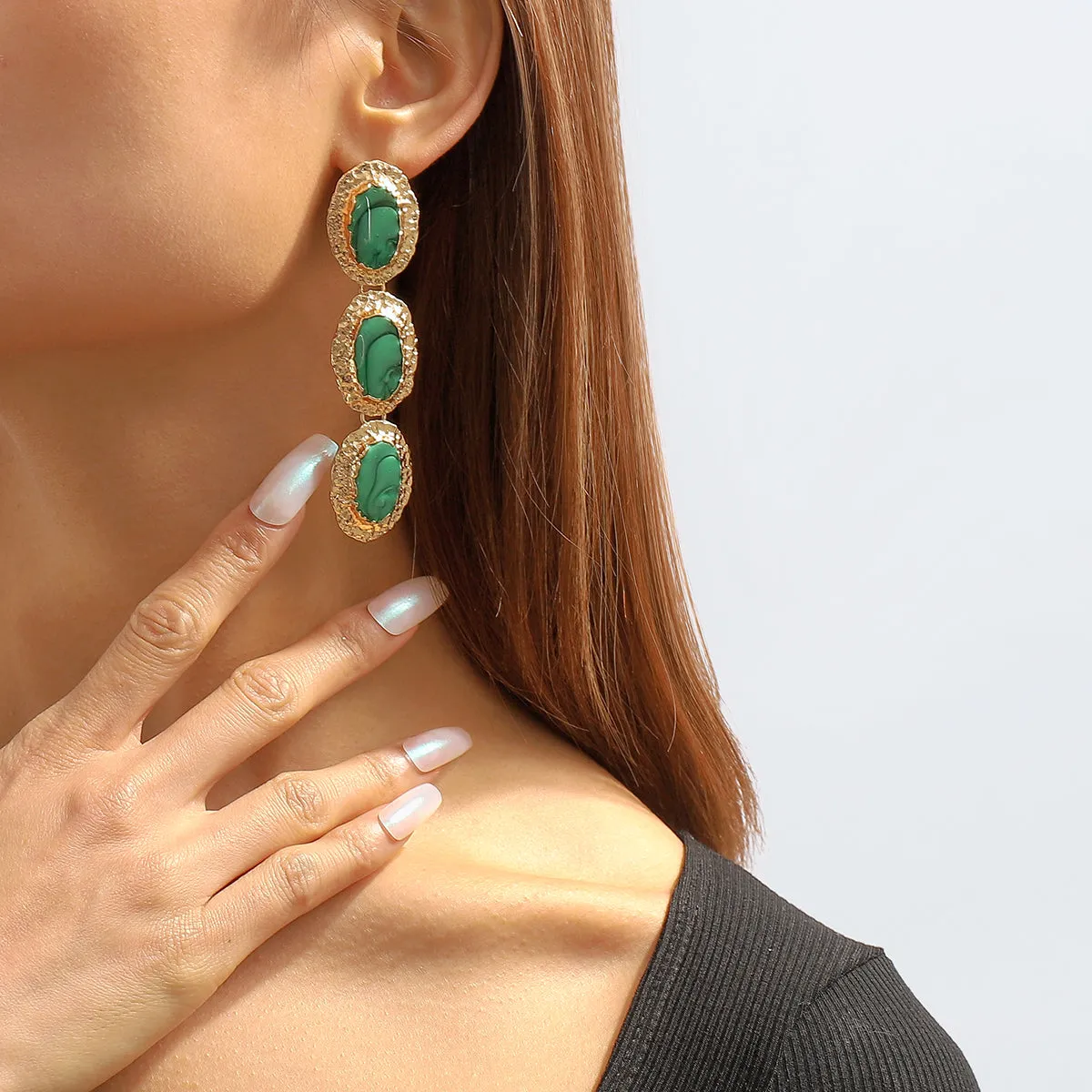Green Enamel & 18K Gold-Plated Textured Oval Trio Drop Earrings