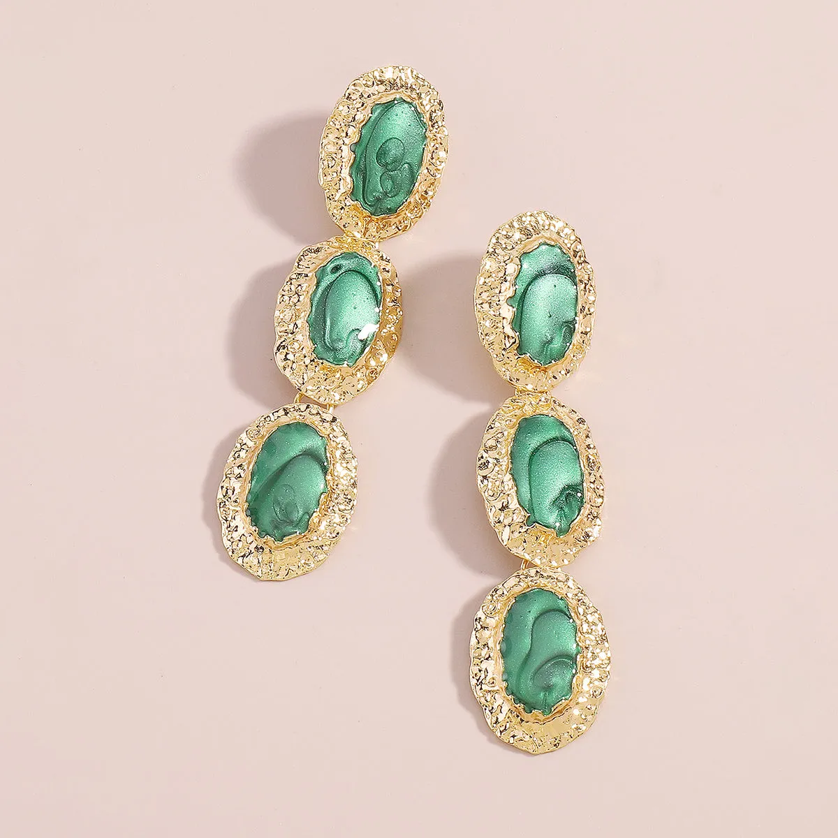 Green Enamel & 18K Gold-Plated Textured Oval Trio Drop Earrings