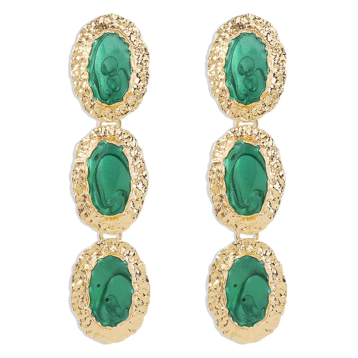 Green Enamel & 18K Gold-Plated Textured Oval Trio Drop Earrings