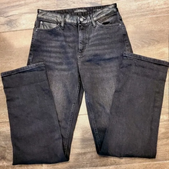 GUESS Women's Straight 1981 High Rise Jean Faux Leather Contrast Trim Size 29