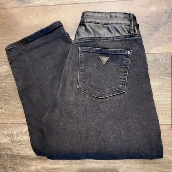 GUESS Women's Straight 1981 High Rise Jean Faux Leather Contrast Trim Size 29