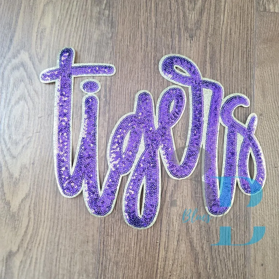 Hazel Blues® |  XL Tigers Script Sequin Purple & Gold Glitter Iron-on Patch