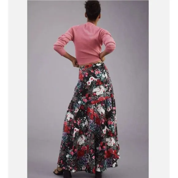 Hutch Wrap Maxi Skirt Women's XS Black Floral Print Fun and Flirty Anthropologie