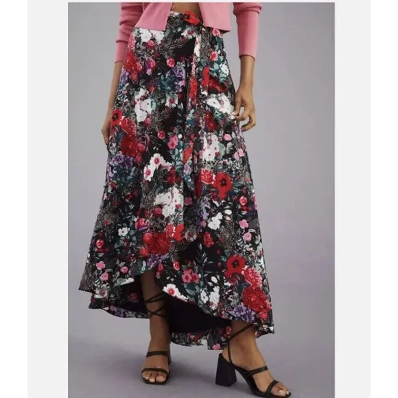 Hutch Wrap Maxi Skirt Women's XS Black Floral Print Fun and Flirty Anthropologie