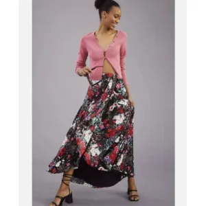Hutch Wrap Maxi Skirt Women's XS Black Floral Print Fun and Flirty Anthropologie