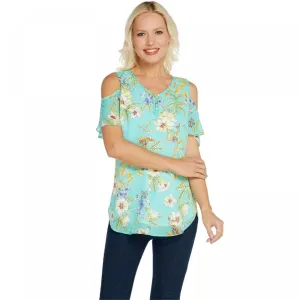 Isaac Mizrahi Live! Women's Tropical Clip Dot Cold Shoulder Blouse