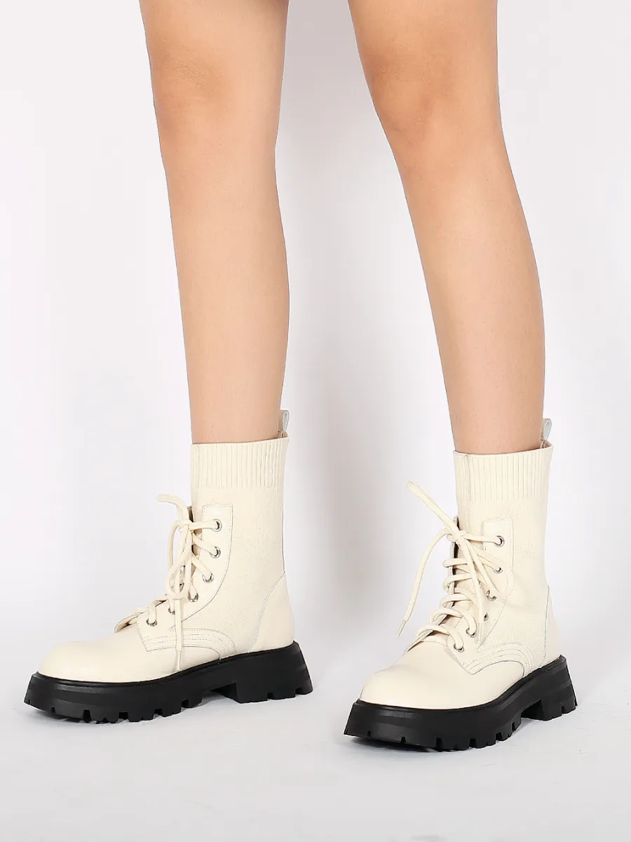 Ivory Leather Combat Sock Bootie
